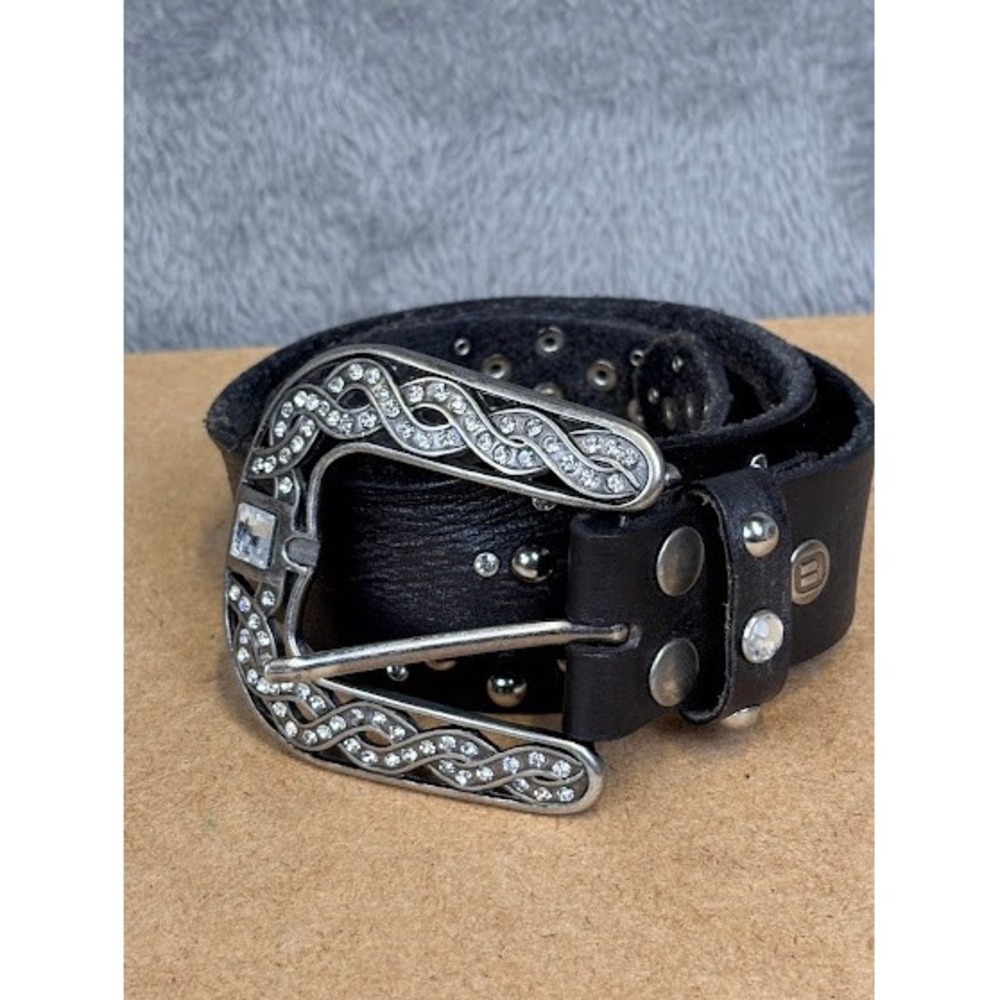 The Buckle Black Studded Leather Belt Rhinestone Celtic Knot Western Size XL 44"